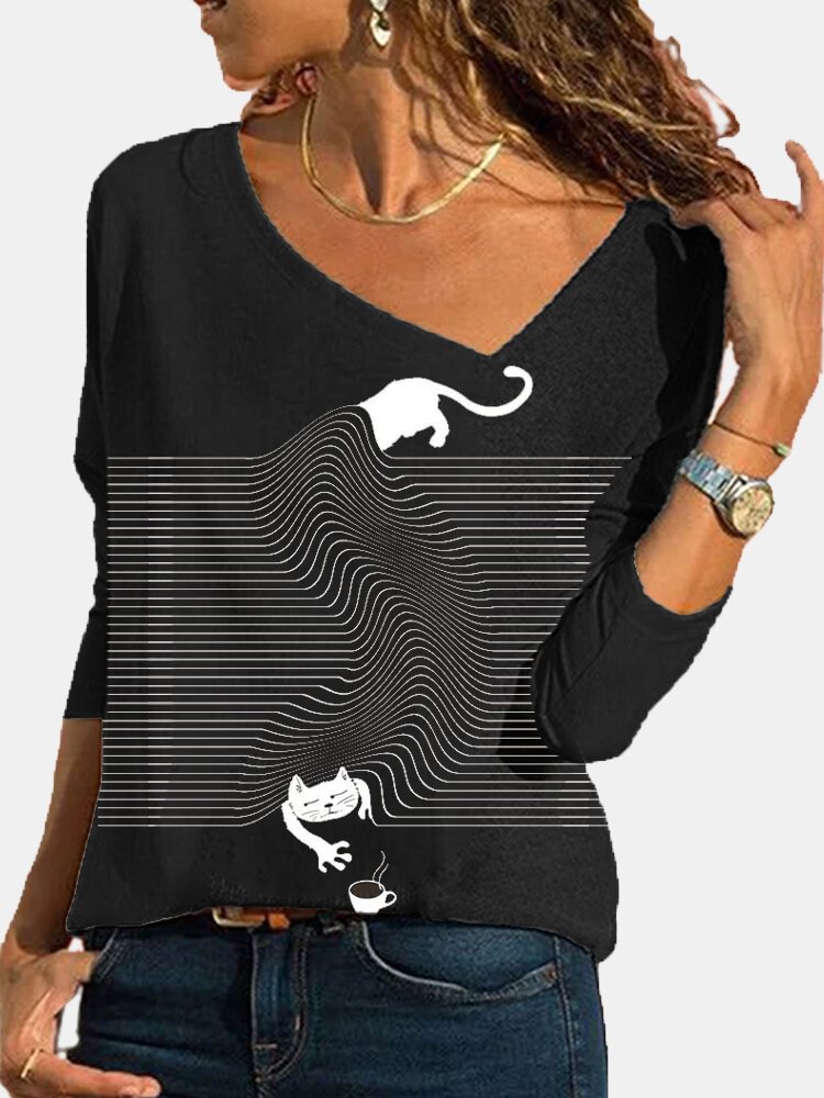 Cartoon Cat Strip V neck Long Sleeve T shirt P1768100