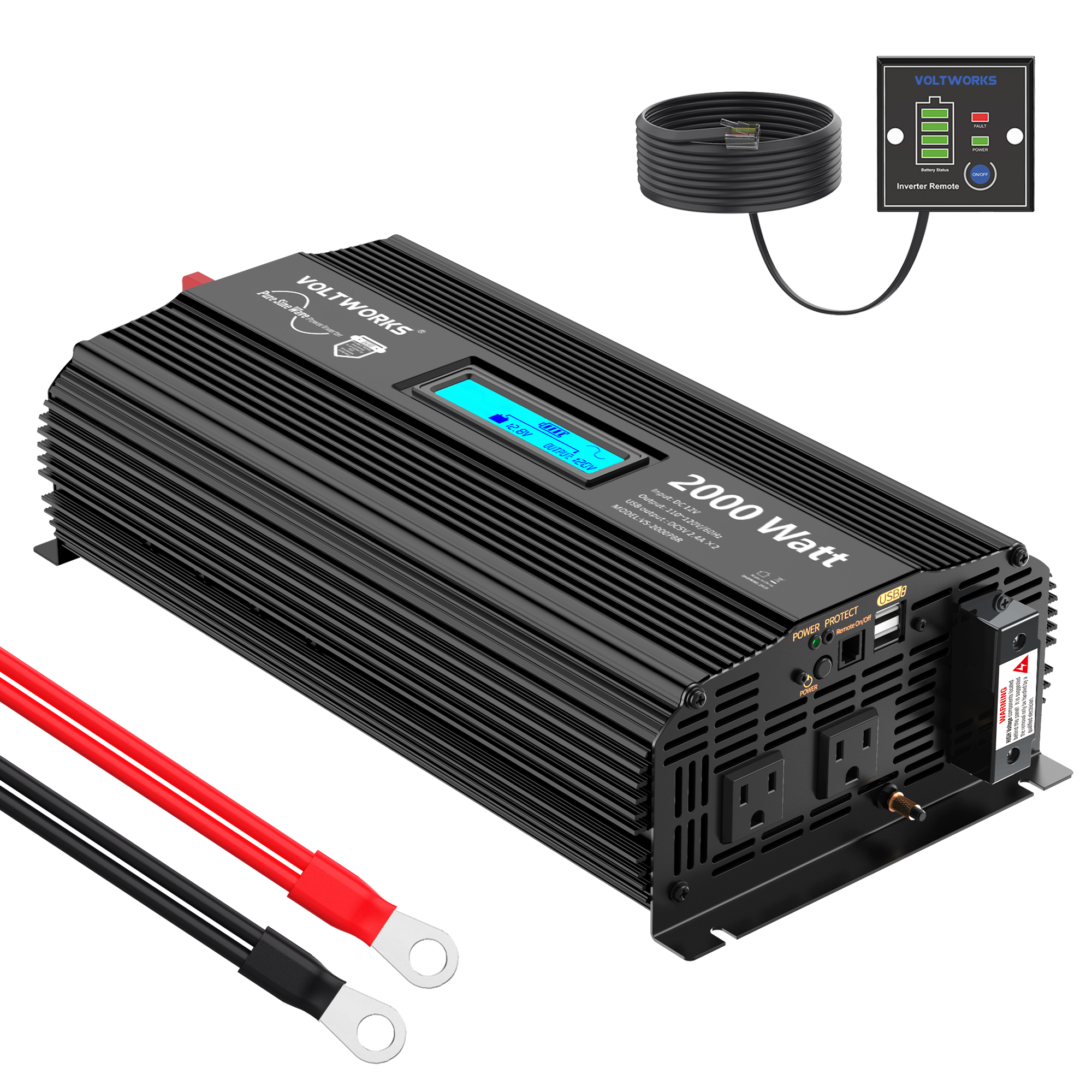 Pure Sine Wave Power Inverter 2000Watt Car Converter DC 12V to 120V AC with 2 AC Outlets 2x2.4A USB Ports Remote Control and LCD Display by VOLTWORKS