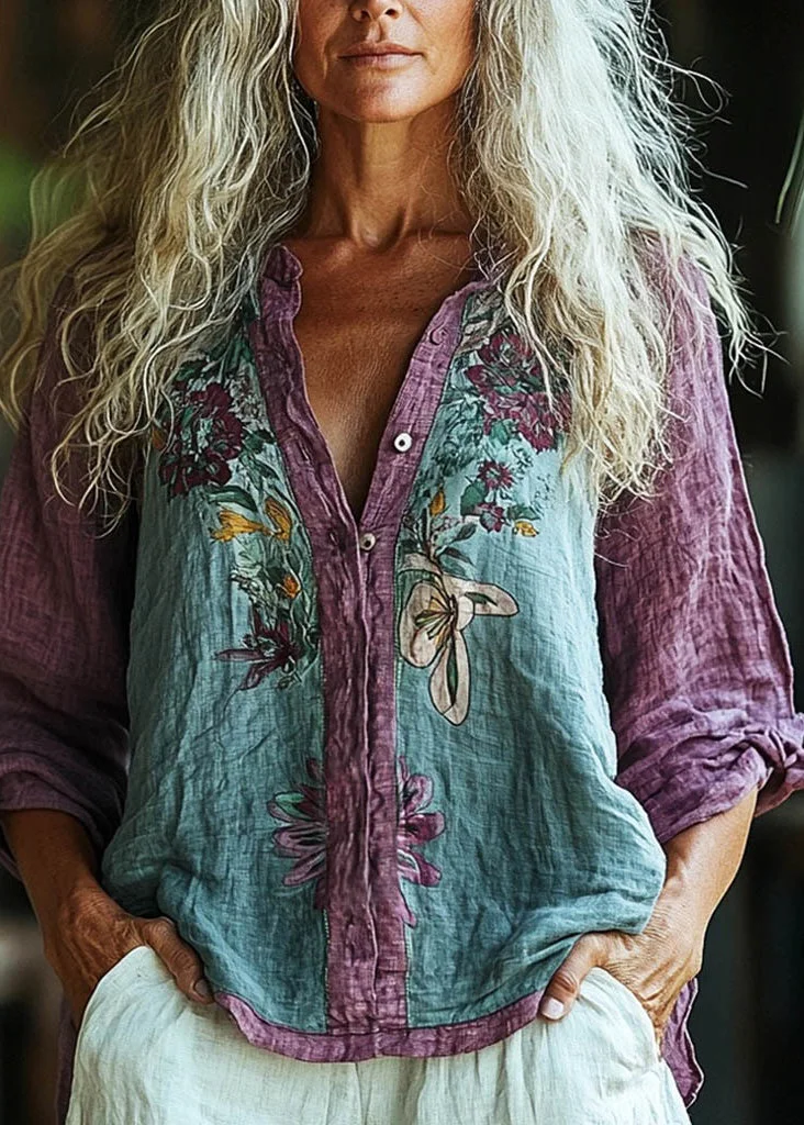 Loose Purple O-Neck Print Button Shirt Spring