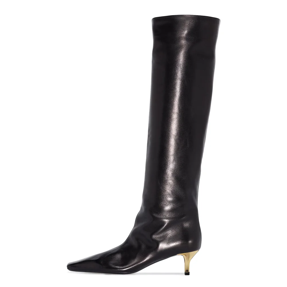 Black Square Toe Kitten Heel Dressy Knee High Boots for Women Nicepairs