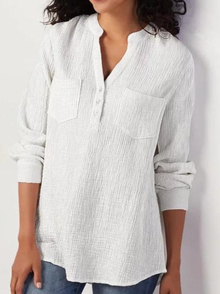 Long Sleeve Solid Color V neck Loose Blouse For Women P1565516