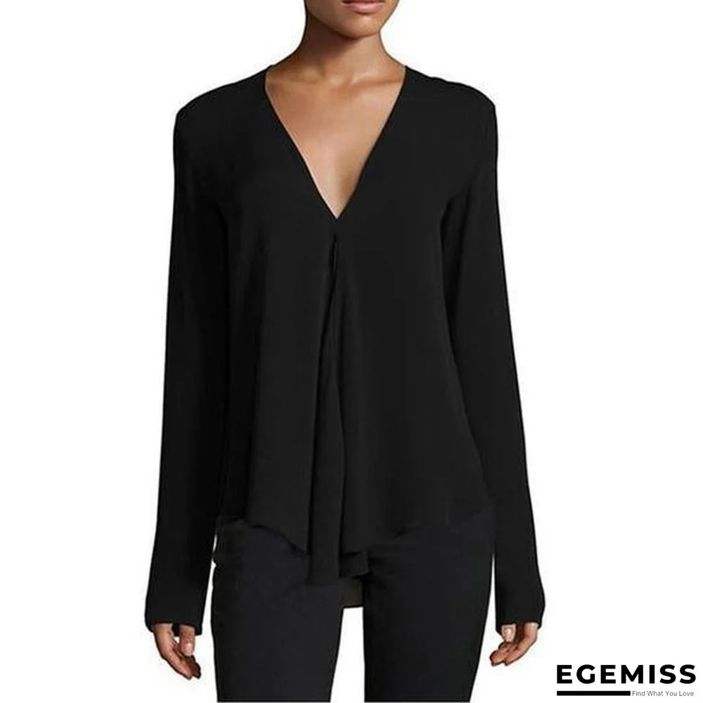 Vintage Women Chiffon Blouse Shirt V-Neck Long Sleeve Casual Plus Size Blouse | EGEMISS