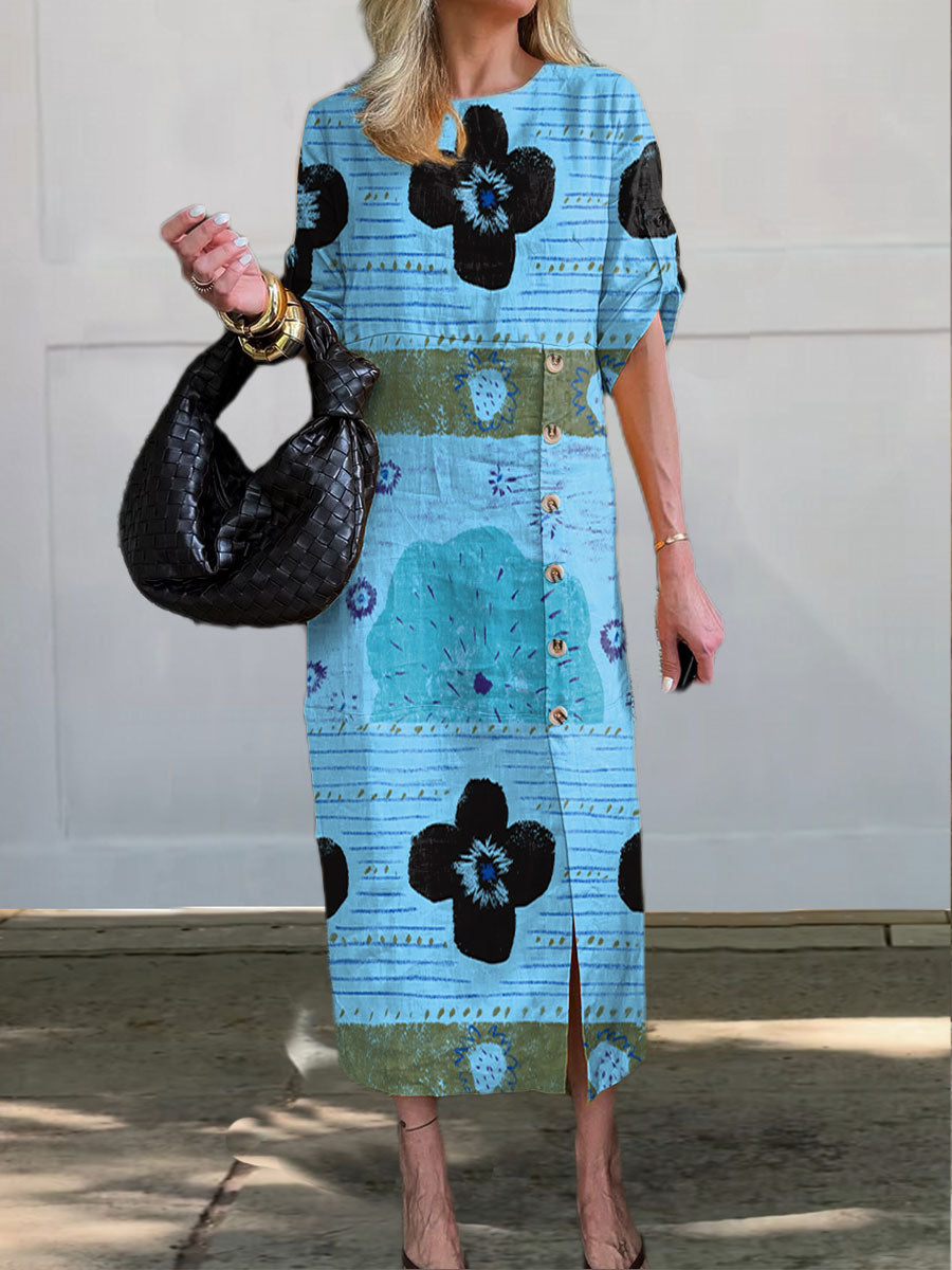 Women's Retro Pattern Art Print V-Neck Button Pocket Cotton Dress