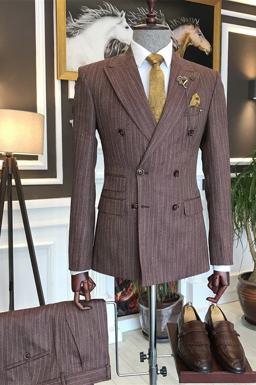 Dresseswow Striped Double Breasted Peaked Lapel Business Men Suits