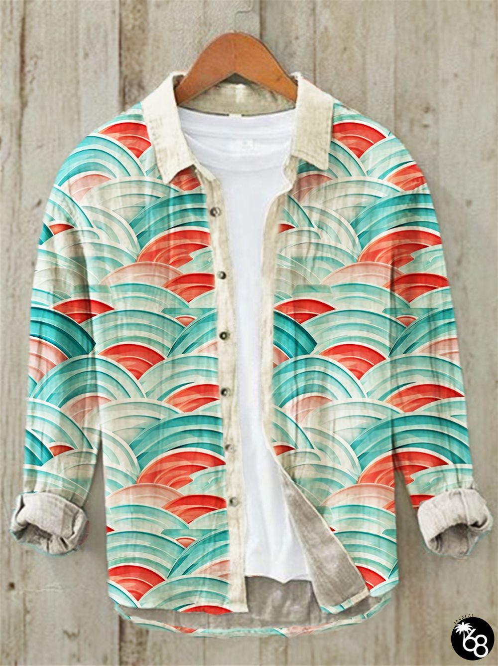 Japanese Sea Wave Print Casual Linen Long Sleeve Shirt | 168DEAL