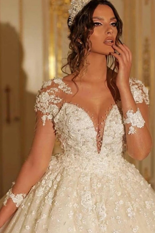 Miabel Elegant Long Sleeves Sweetheart Floor length Wedding Dress