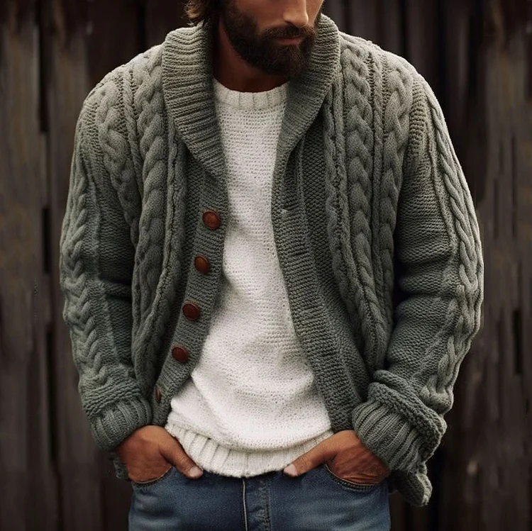 Men's Vintage Braided Lapel Button Down Sweater