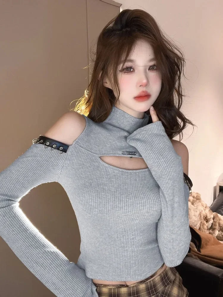 Tlbang Hollow Out Half Turtleneck Sweaters Off Shoulder All Match Knitted Women Jumpers Slim Patchwork Elegant Y2k Pullovers