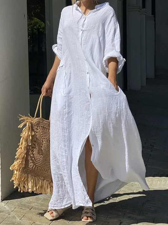 Solid Color Button Maxi Casual Dress