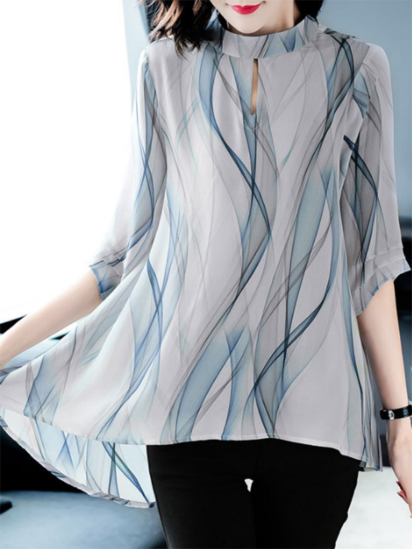 Simple Wave Print Stand Collar 3/4 Sleeve Blouses