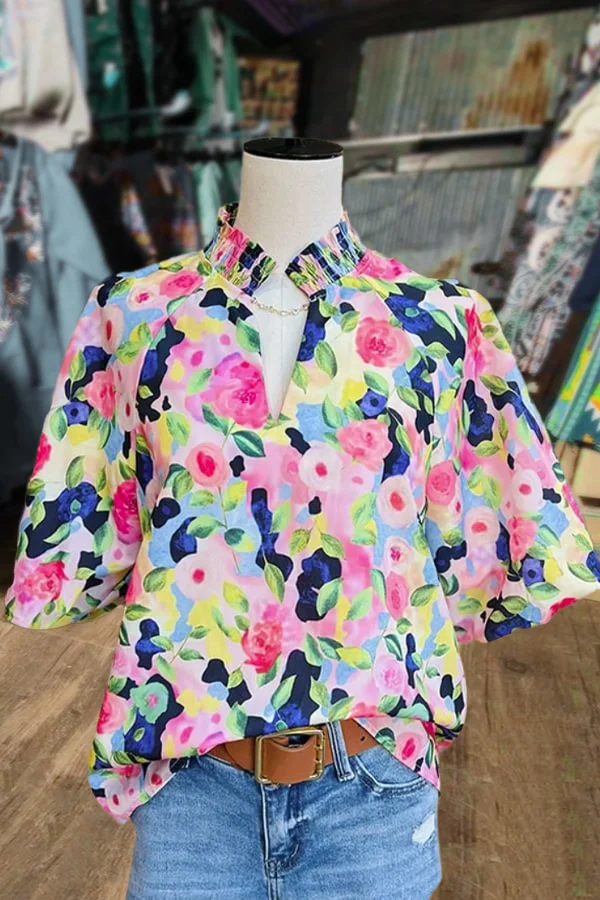 Floral Print Ruffle V-Neck Bubble Sleeve Top