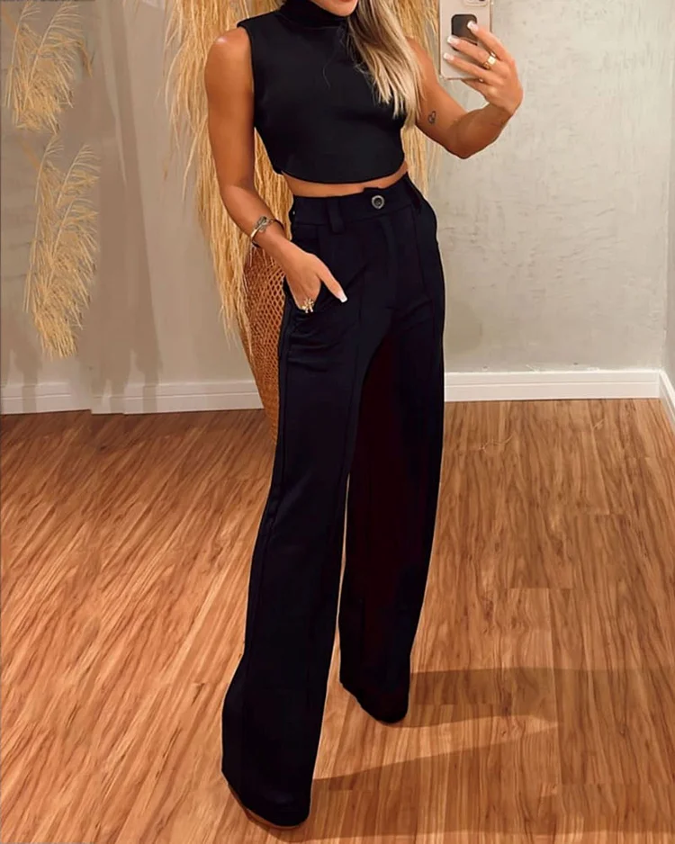 Casual Solid Color Vest & Pants Two-piece Set