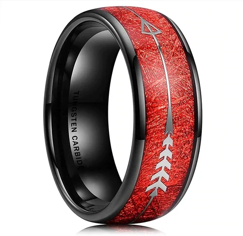 Women's Or Men's Tungsten Carbide Wedding Band Matching Rings,Black Tone Ring with Cupid's Arrow over Red Inspired Meteorite Inlay,Tungsten Carbide Domed Top Ring With Mens And Womens Rings For 4MM 6MM 8MM 10MM
