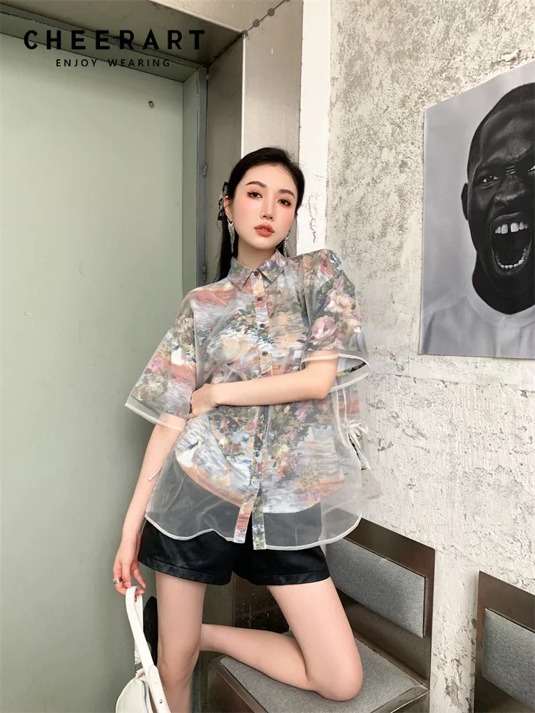QJONG Oil Painting Patchwork Organza Floral Short Sleeve Shirt For Women Summer Top Collared Shirt Blouse High Fashin Clothes