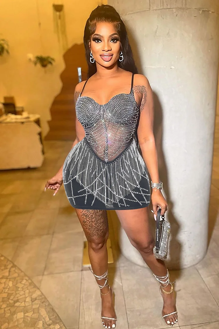 Rhinestone Fringed Bodycon Birthday Party Slip Mini Dresses