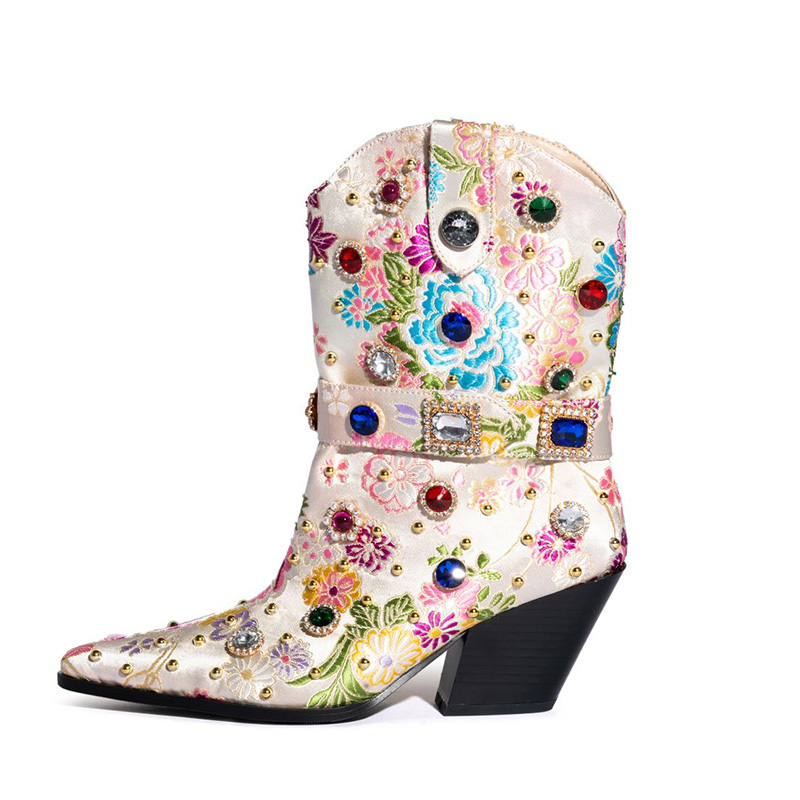 TAAFO Mid Calf Boots Floral Big Rhinestone Women's Shoes Black Heels Ladies Cowboy Boots Women Boots