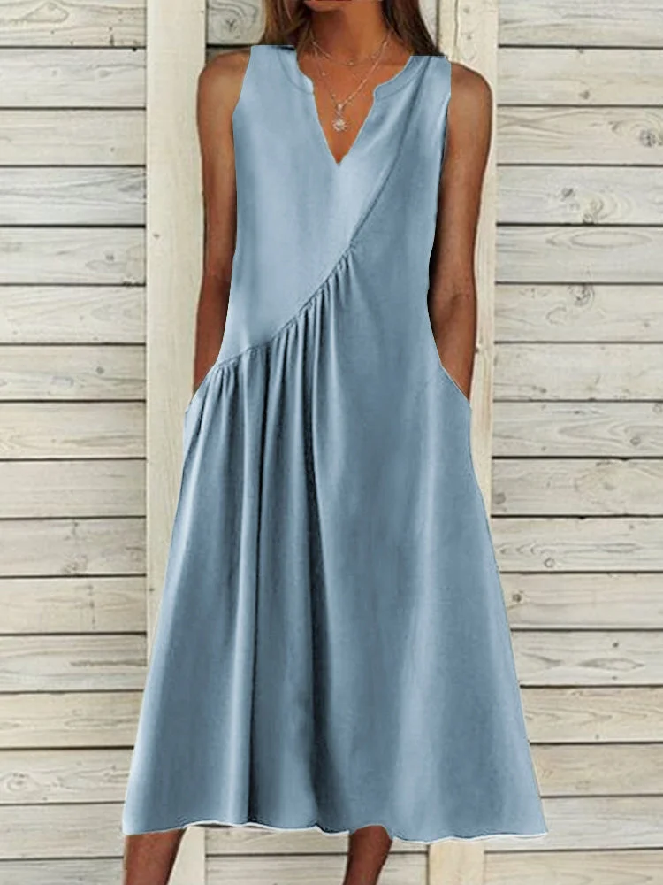 Women's Stitching Solid Color V-Neck Sleeveless Maxi Dress