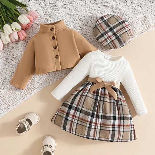 【6M-3Y】Girls' Long-Sleeve Stand-Collar Wool Coat + Plaid Ribbed Dress + Beret Set