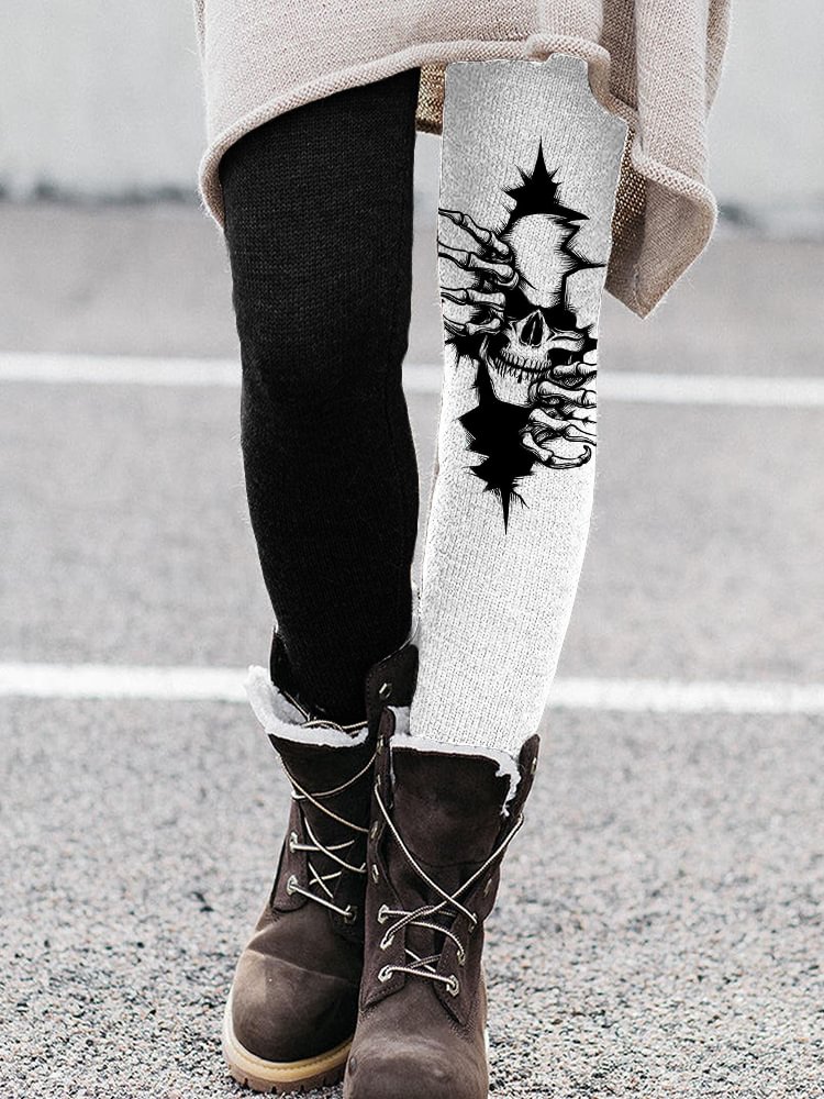 Vefave Halloween Skeleton Climbing Out Contrast Leggings
