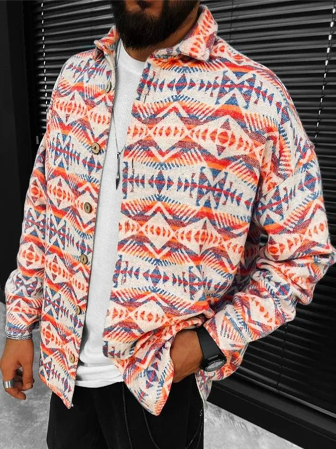 Men's Winter Flannel Ethnic Classic Geometric Pattern Collection Thermal Jacket
