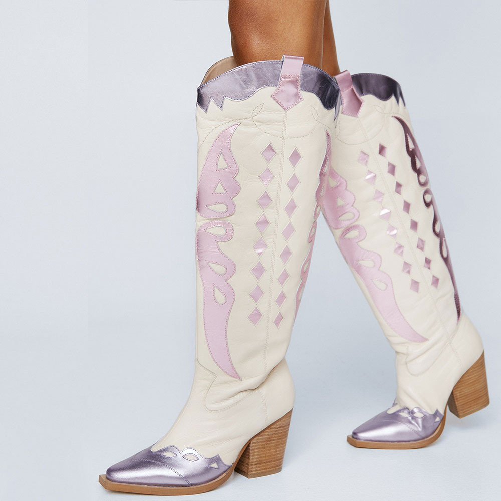 White Stacked Heel Pink Metallic Butterfly Knee Cowgirl Boots