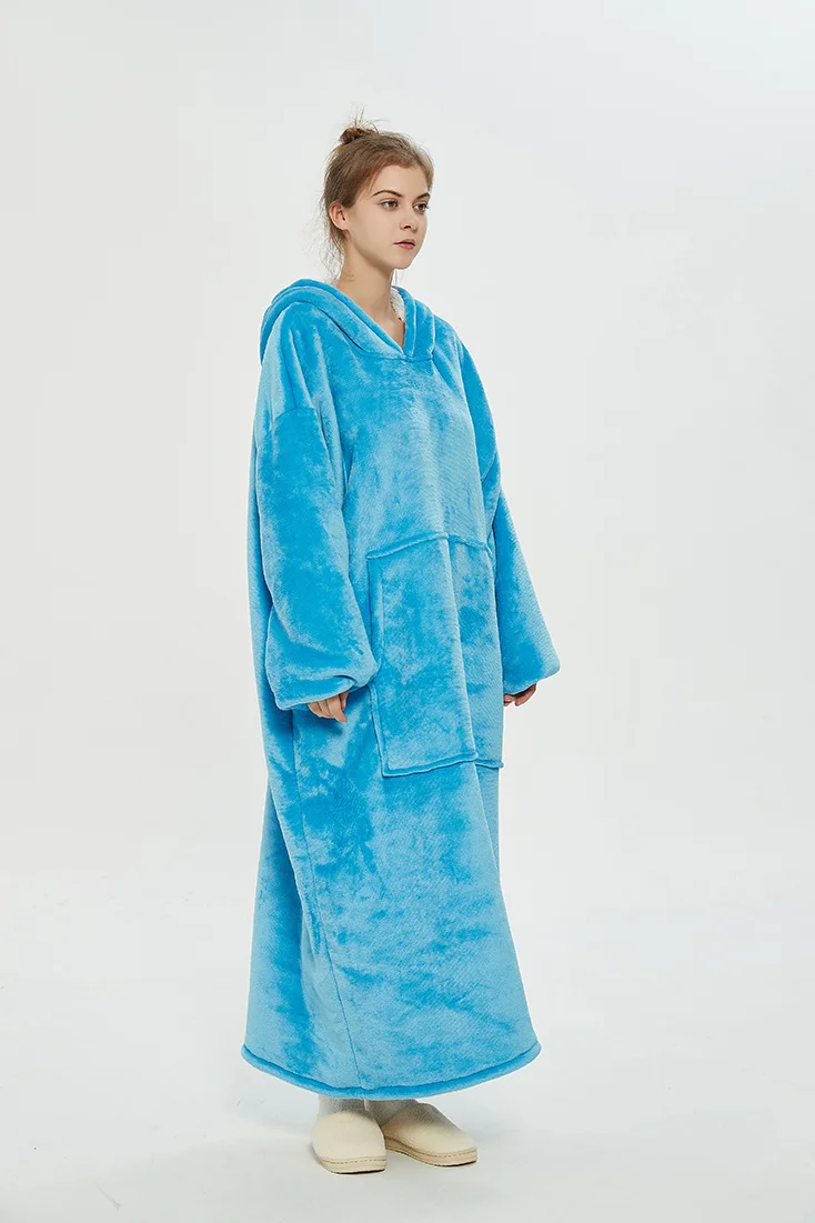 Long Winter Plush Fleece Wearable Blanket Hoodie Light Blue  Stunahome.com