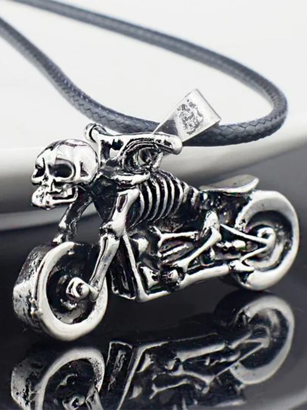 Gothic Punk Skeleton Motorcycle Stainless Steel Leather Chain Pendant Necklace