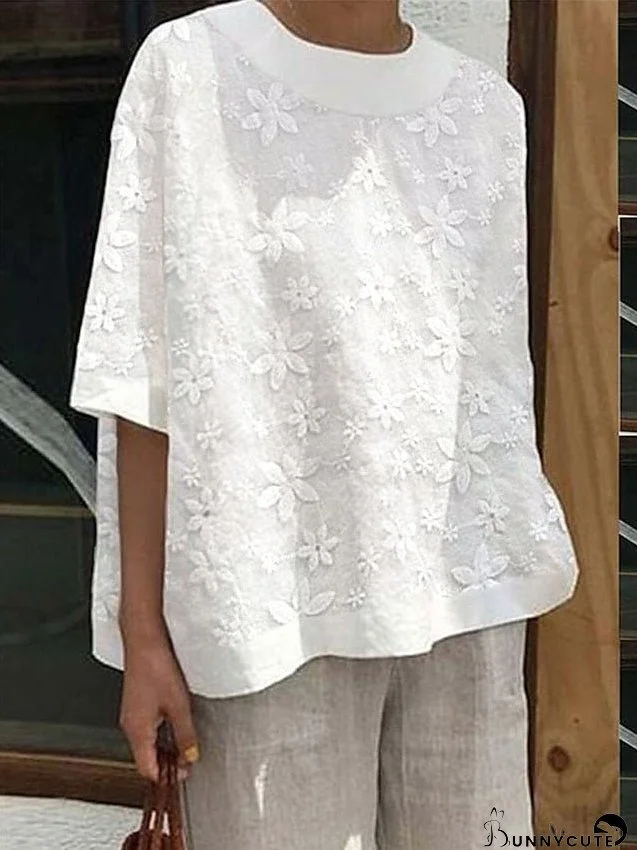 Shirt Blouse White Eyelet Tops White Floral Half Sleeve Casual Weekend Basic Casual Round Neck Regular Floral S for Women