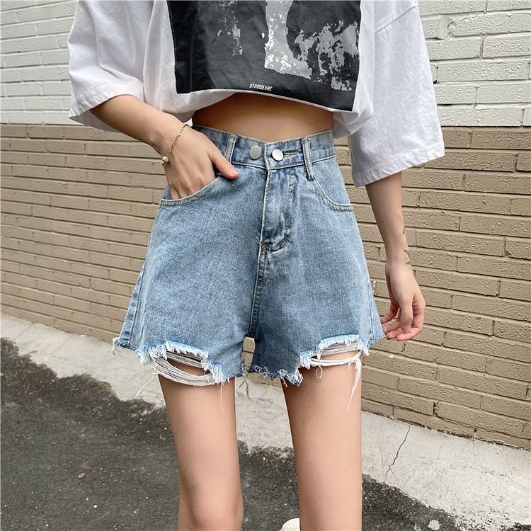 High-Waist Distressed Denim Shorts YP3807