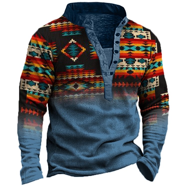 Men's V-neck printed casual western style long sleeve top