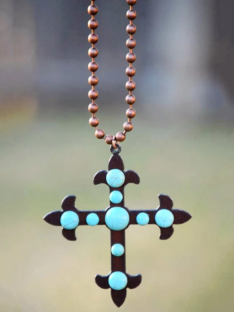Long Cross Necklace with Turquoise Detail