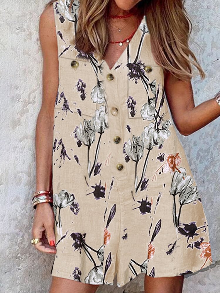 Plant Print Button Pocket V Neck Sleeveless Romper