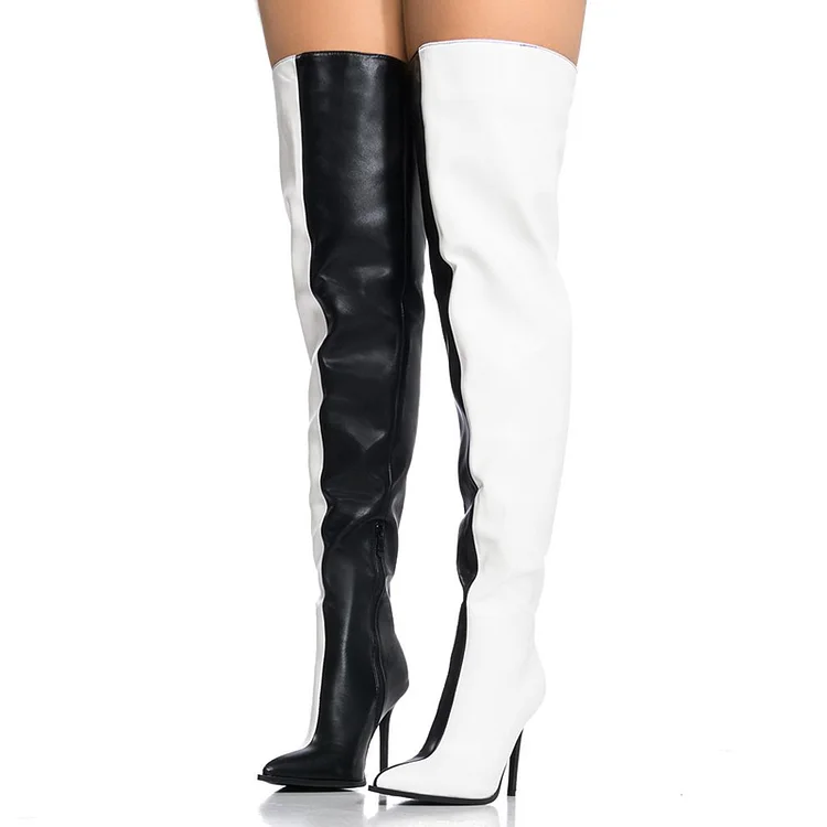 Black & White Pointed Thigh Boot Classy Stiletto Heel Zipper Shoes Elegant Fashion Boots |FSJ Shoes