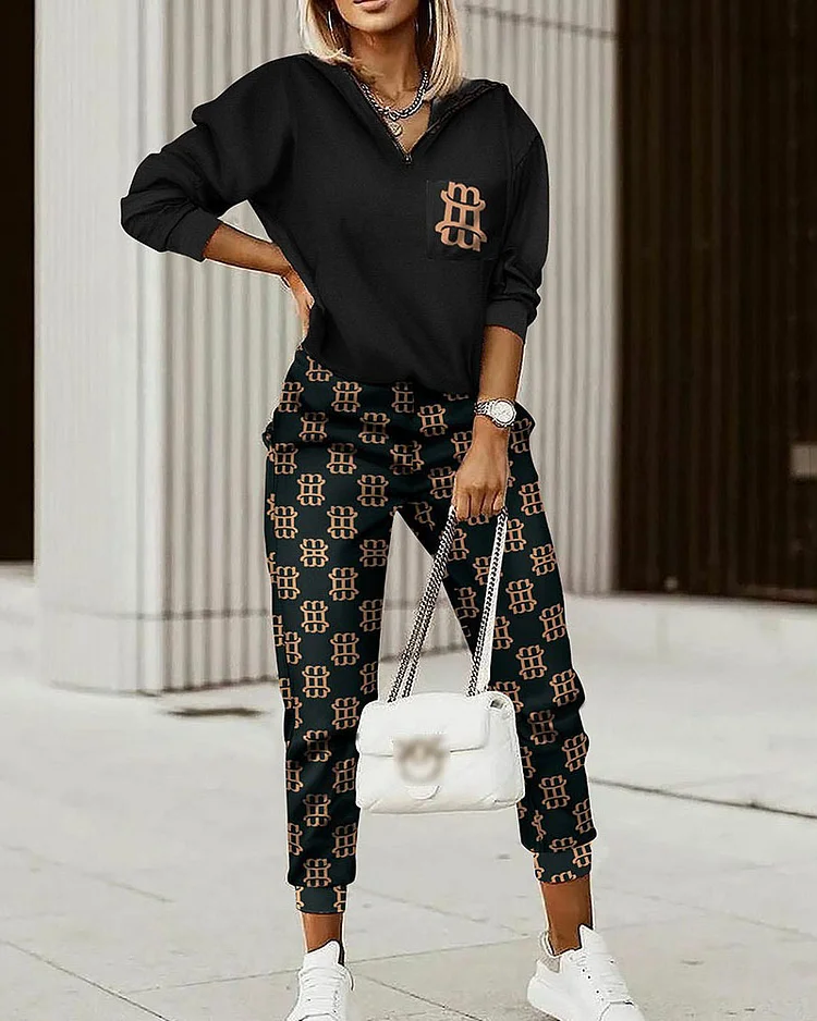 Printed Zip-up Top and Pants Two-piece Suit