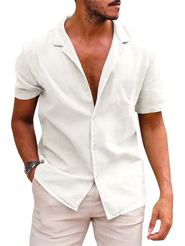 Linen Large Size Men's Short-sleeved T-shirt Loose Sweatshirt Solid Color Button Cardigan Cotton Linen Shirt Men-Cosfine