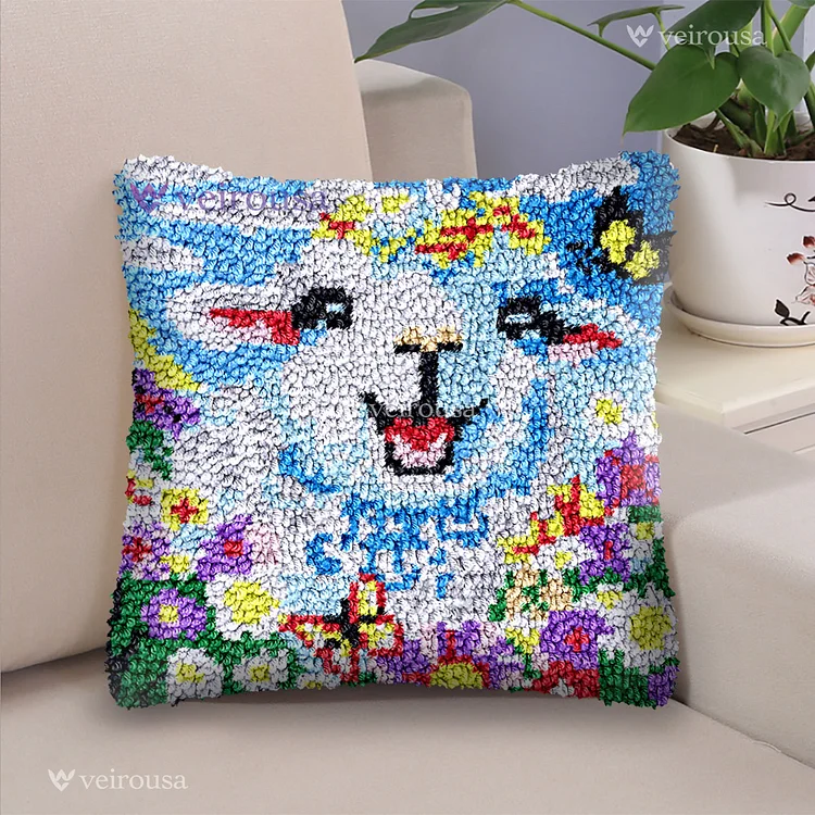 Joyful Lamb in Blossom Meadow Latch Hook Pillow Kit for Adult, Beginner and Kid veirousa