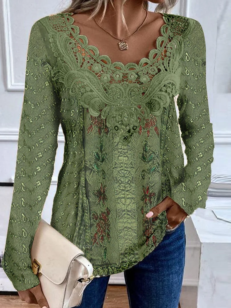Women's Long Sleeve Scoop Neck Graphic Lace Floral Printed Top