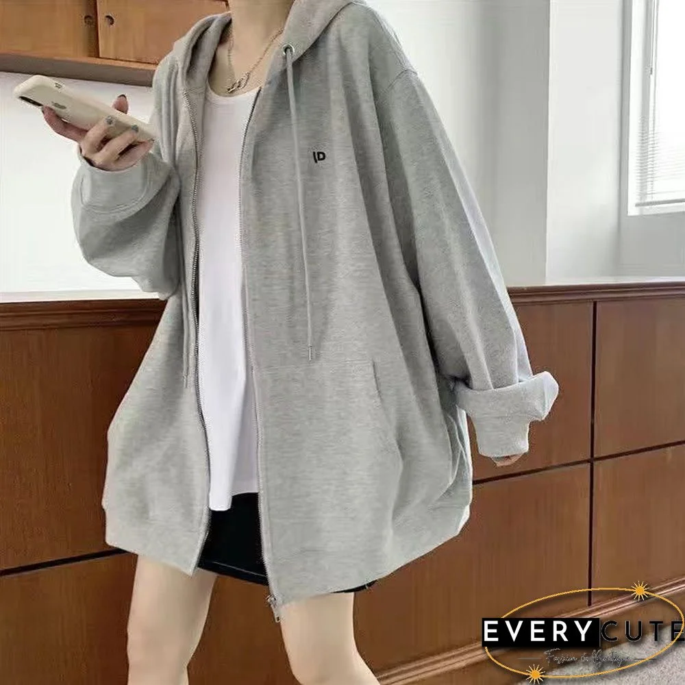 Letter Vintage Zip Up Streetwear Sweatshirts Women Harajuku Oversized Hoodies Thin Pockets Long Sleeve Clothes Korean Style Tops