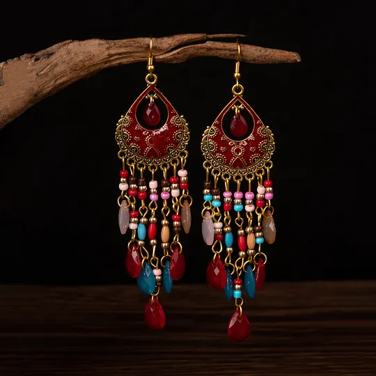 National wind crystal tassel earrings Bohemian temperament earrings retro long shawl accessories a generation of hair women
