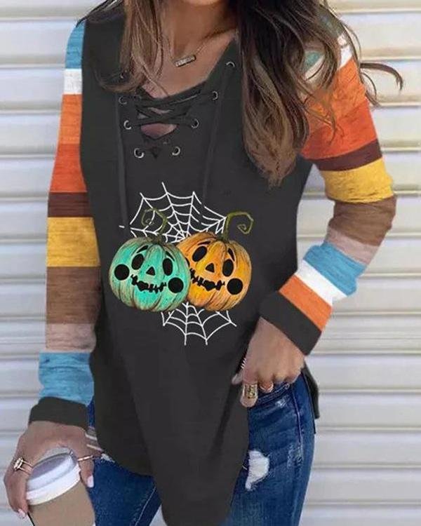 Halloween Pumpkin Striped V-Neck Tie Long Sleeve T-Shirt - Chicaggo