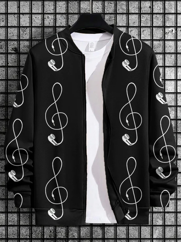 Men's Headphones Note Music Pattern Casual Zip Up Jacket