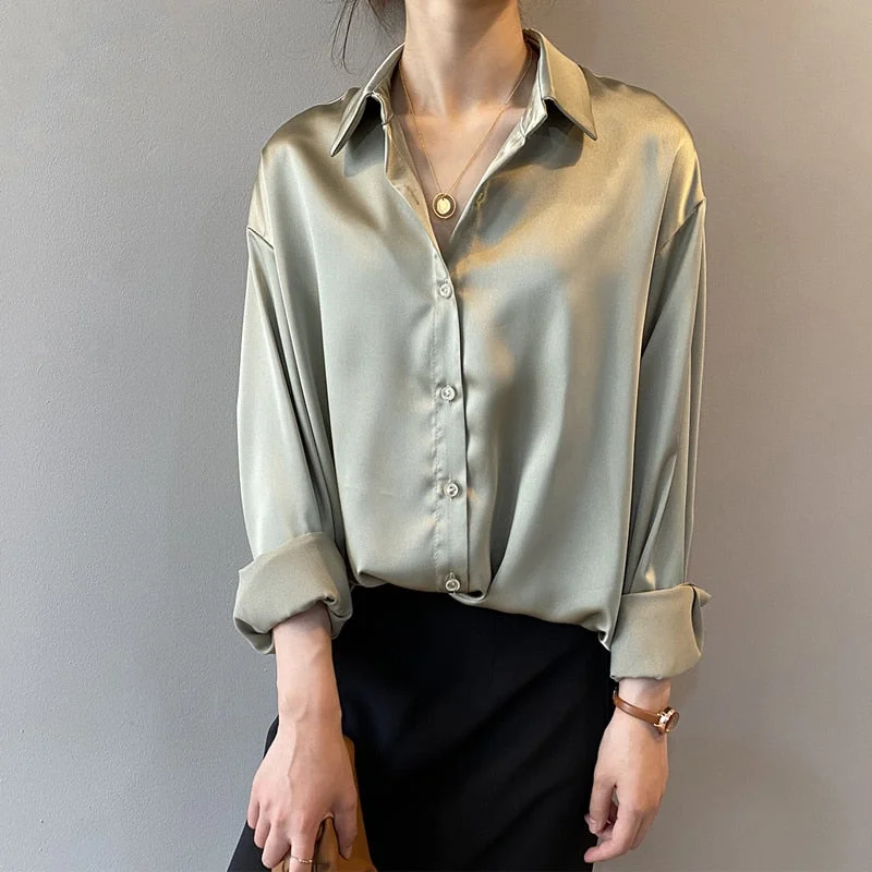 Vintage White Long Sleeve Shirts Tops Ladies Elegant Korean Office Shirt Fashion Button Up Satin Silk Shirt Blouse Women 11355