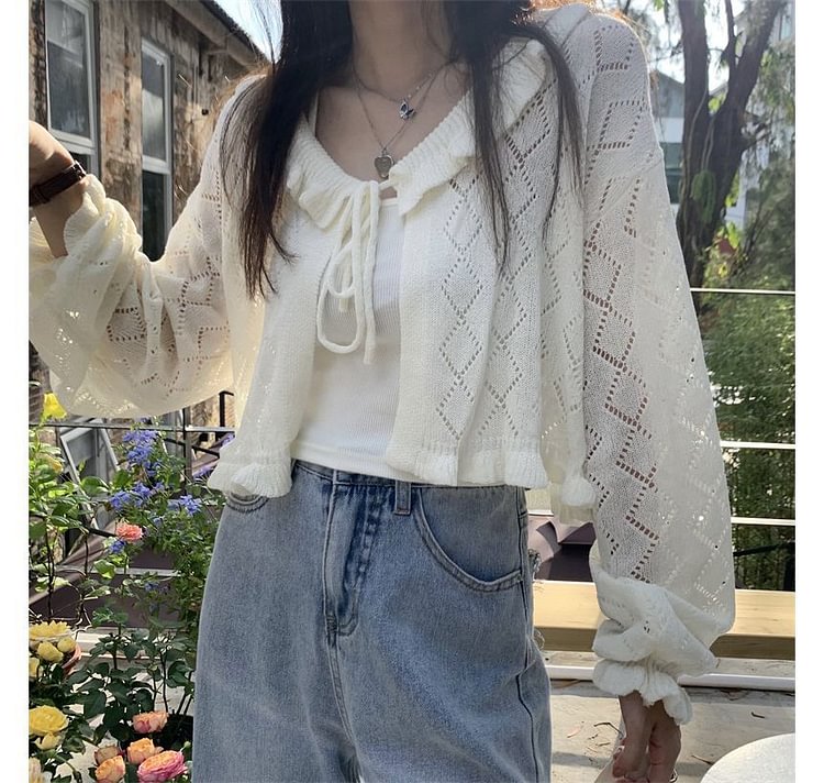 Pointelle Knit Cropped Cardigan YP4565
