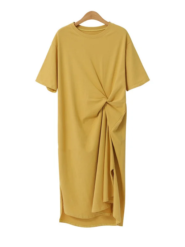 Original Solid Color Irregularity Pleats Midi Dress