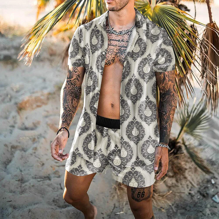 Men's Clothing Summer New 3D Digital Printed Shirt Cross-Border Plant Flower Beach Shirt Shorts Casual Suit_ ecoleips_old