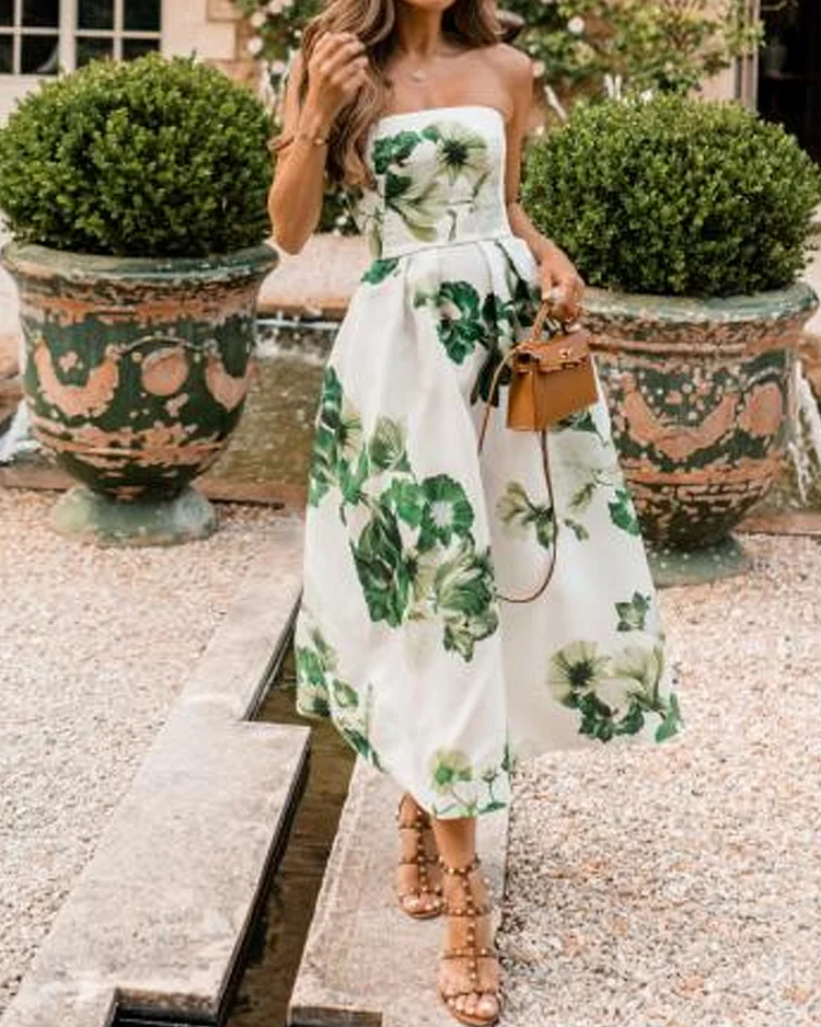 Strapless floral print elegant dress