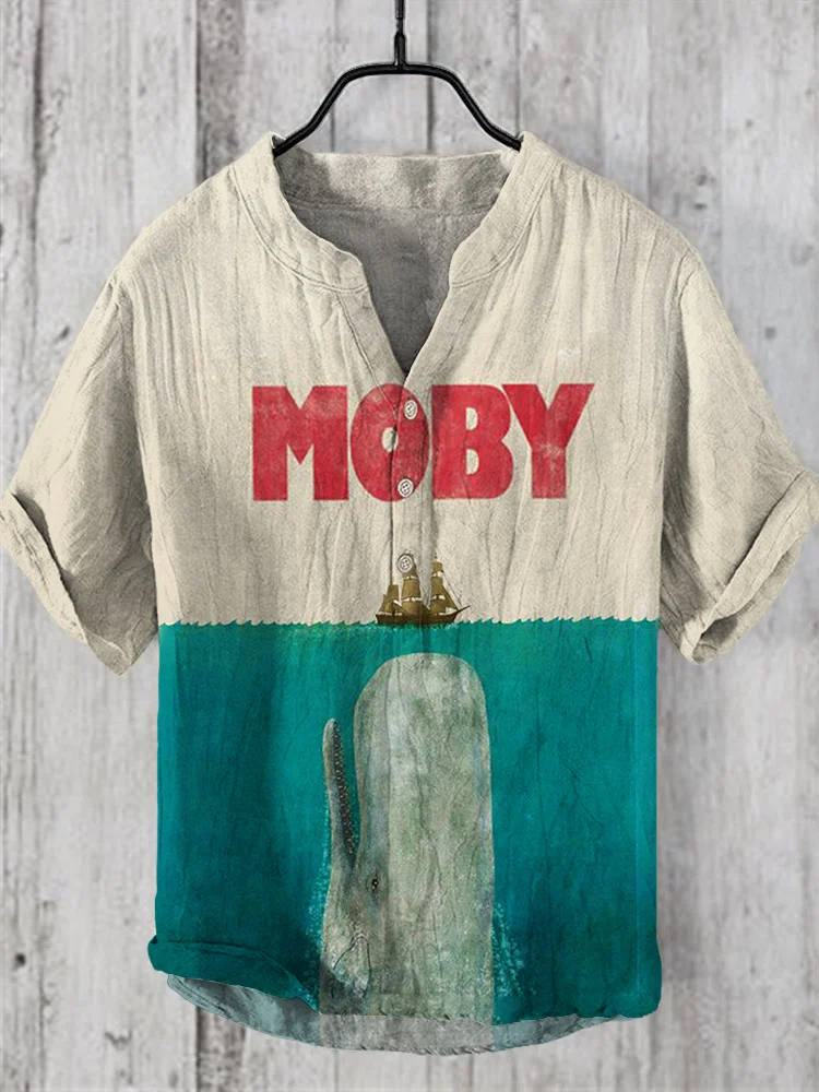 Comstylish Moby Marine Animal Vintage Print Linen V-Neck Shirt