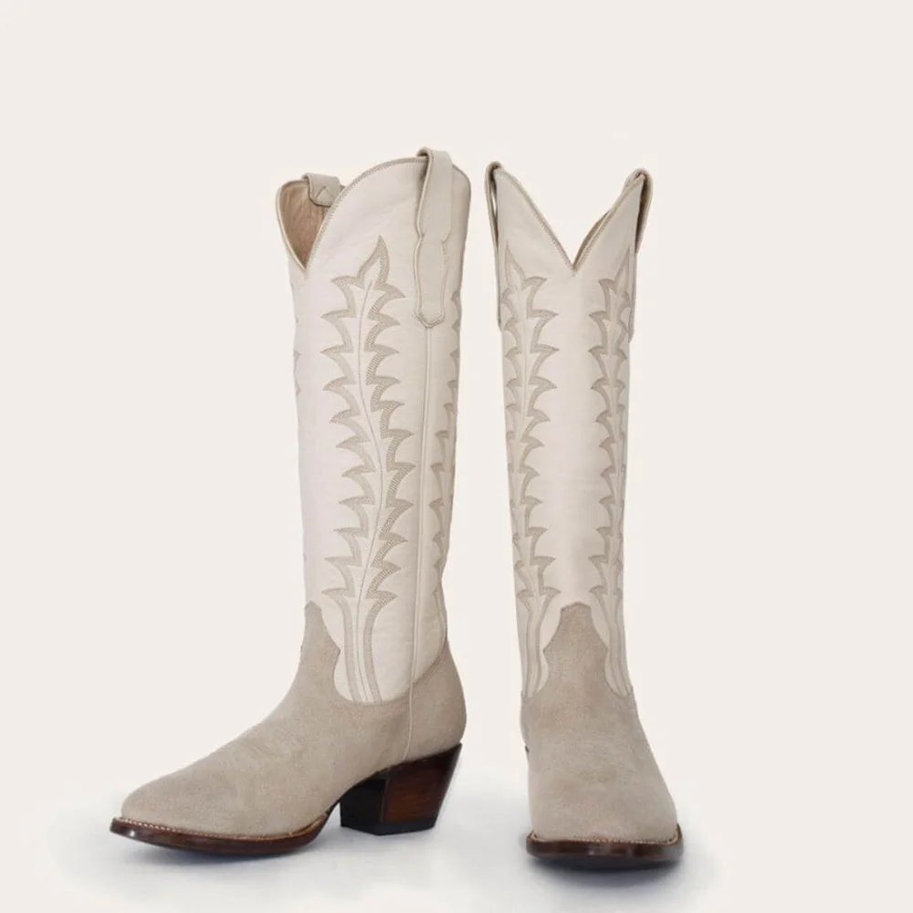 Gray Pointed Toe Knee High Embroidered Cowgirl Boots with Block Heel Nicepairs