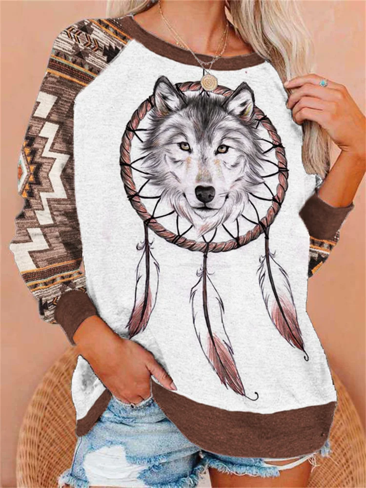 Vefave Western Wolf Dream Catcher Aztec Patchwork Sweatshirt