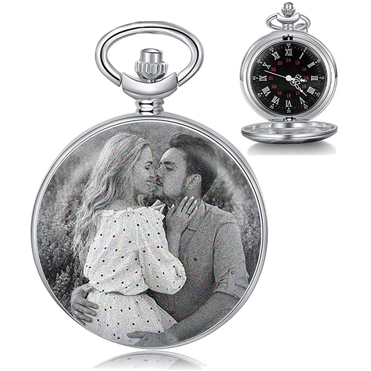Personalized Photo Pocket Watch with Engraved Vintage Silver Watch for Men